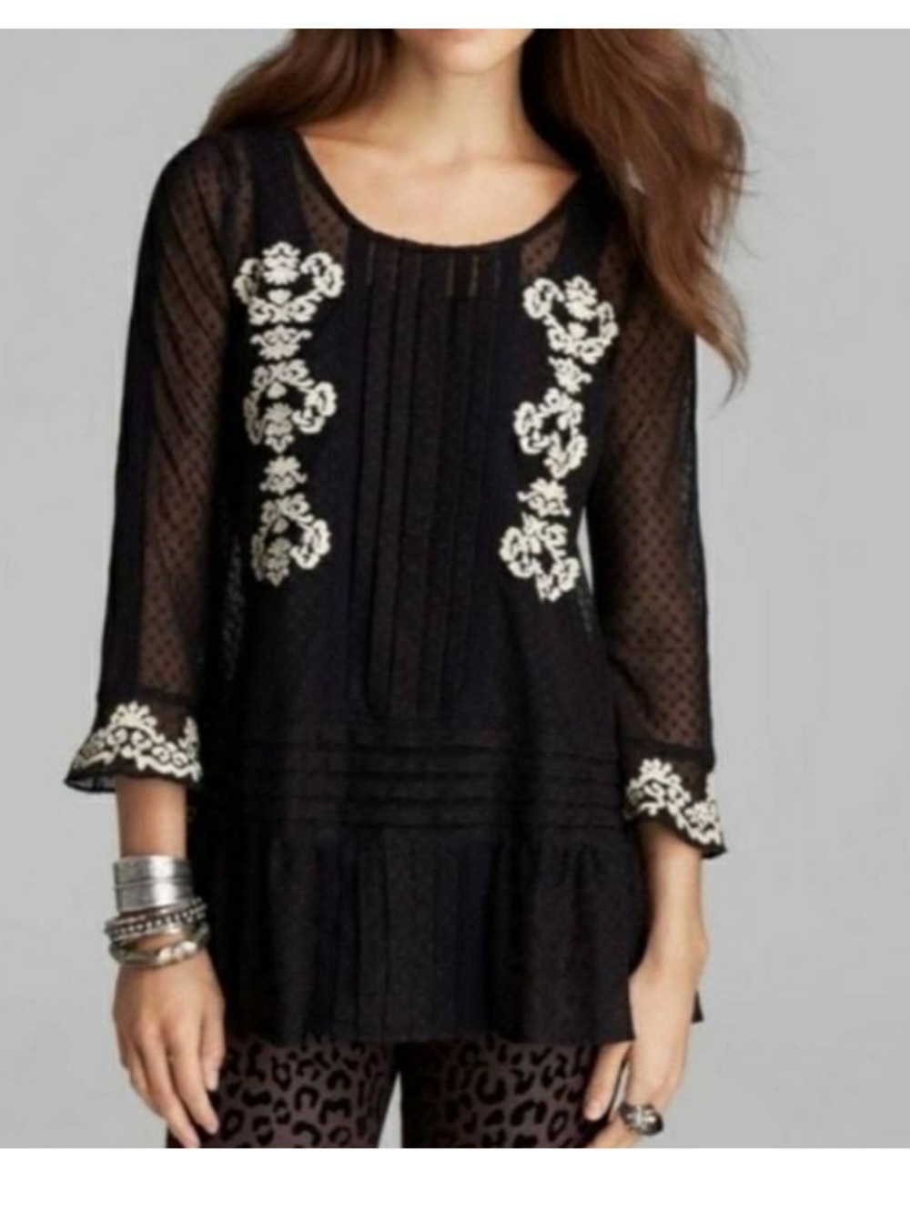 FREE PEOPLE Black Jocelyn Pleated Dot Ruffle lace Tunic Size S